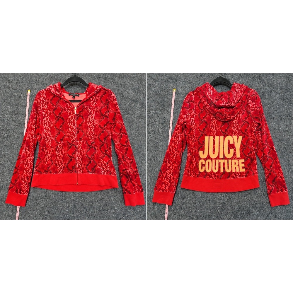 Juicy Couture Hoodie Womens XL Red Snake Print Velour Full Zip Back Logo Jacket